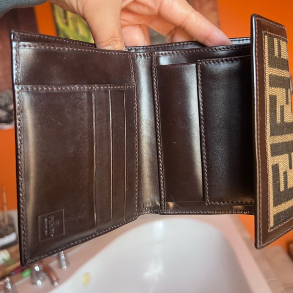 Fendi Zucca Pattern Canvas With Brown Leather Trim Trifold Wallet - Picture 7 of 11